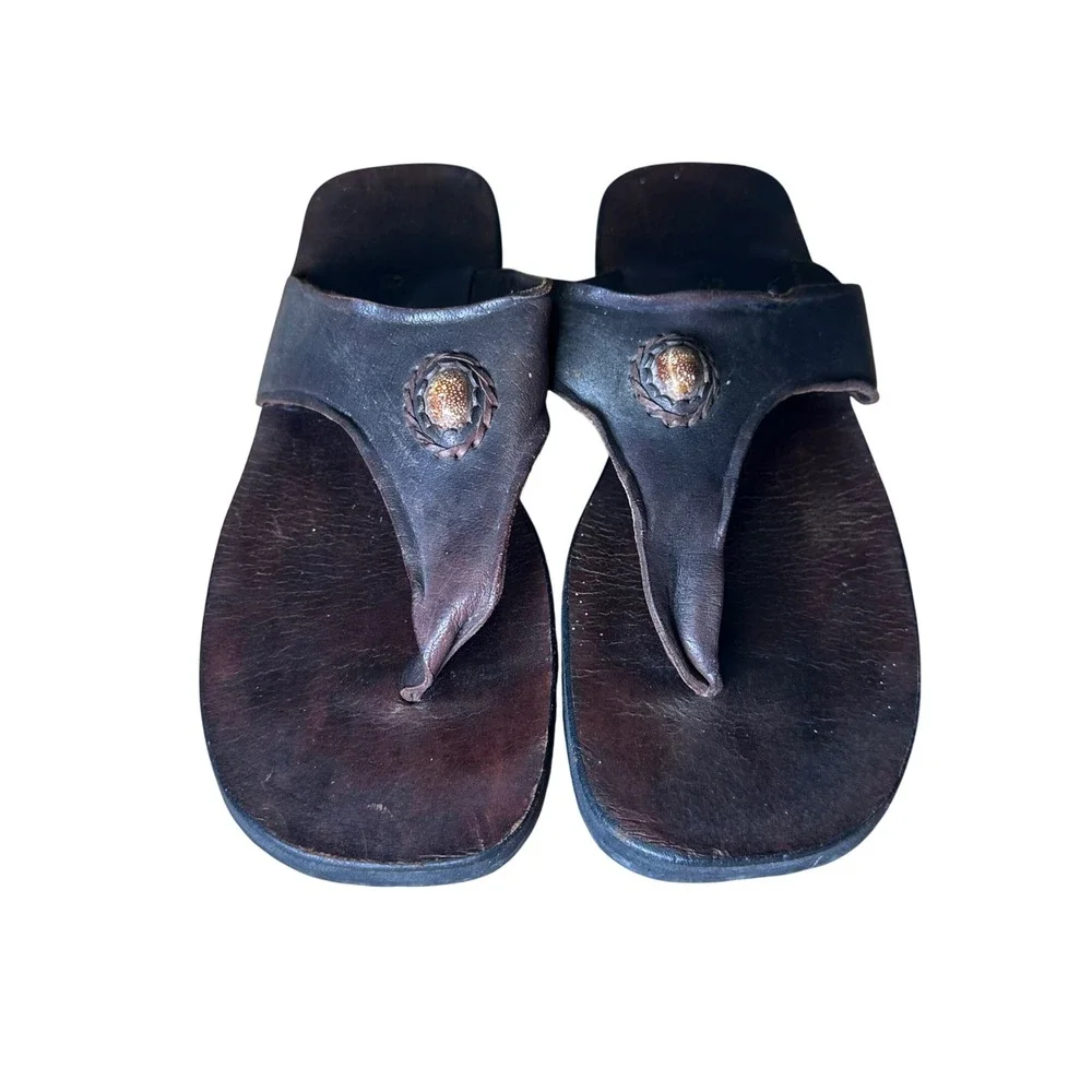 Mens Dark Brown Leather Thong Sandals Handcrafted Boho Slip On Size 45 EU